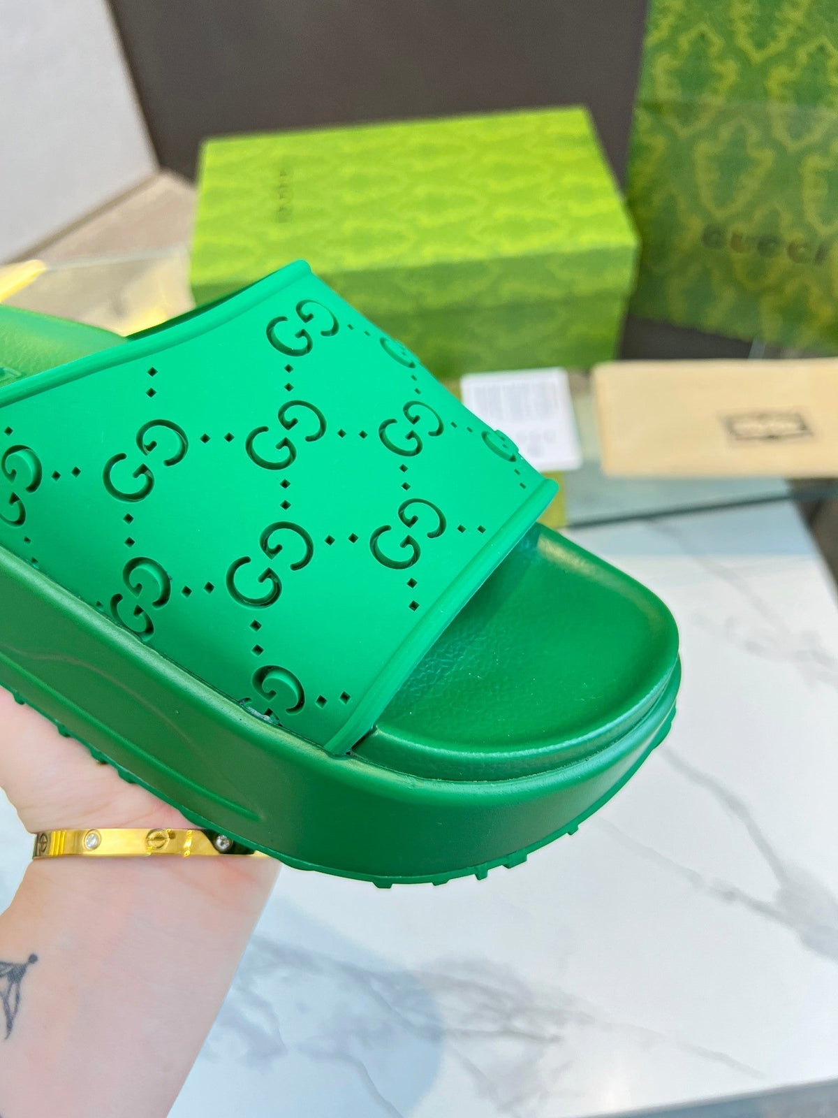 PLATFORM SANDALS IN EMERALD GREEN MONOGRAM IMPORTED TPU