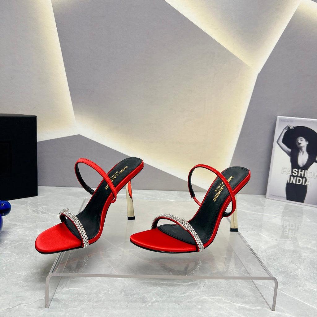 SL CRYSTAL THIN BELT HIGH HEELS RED SATIN