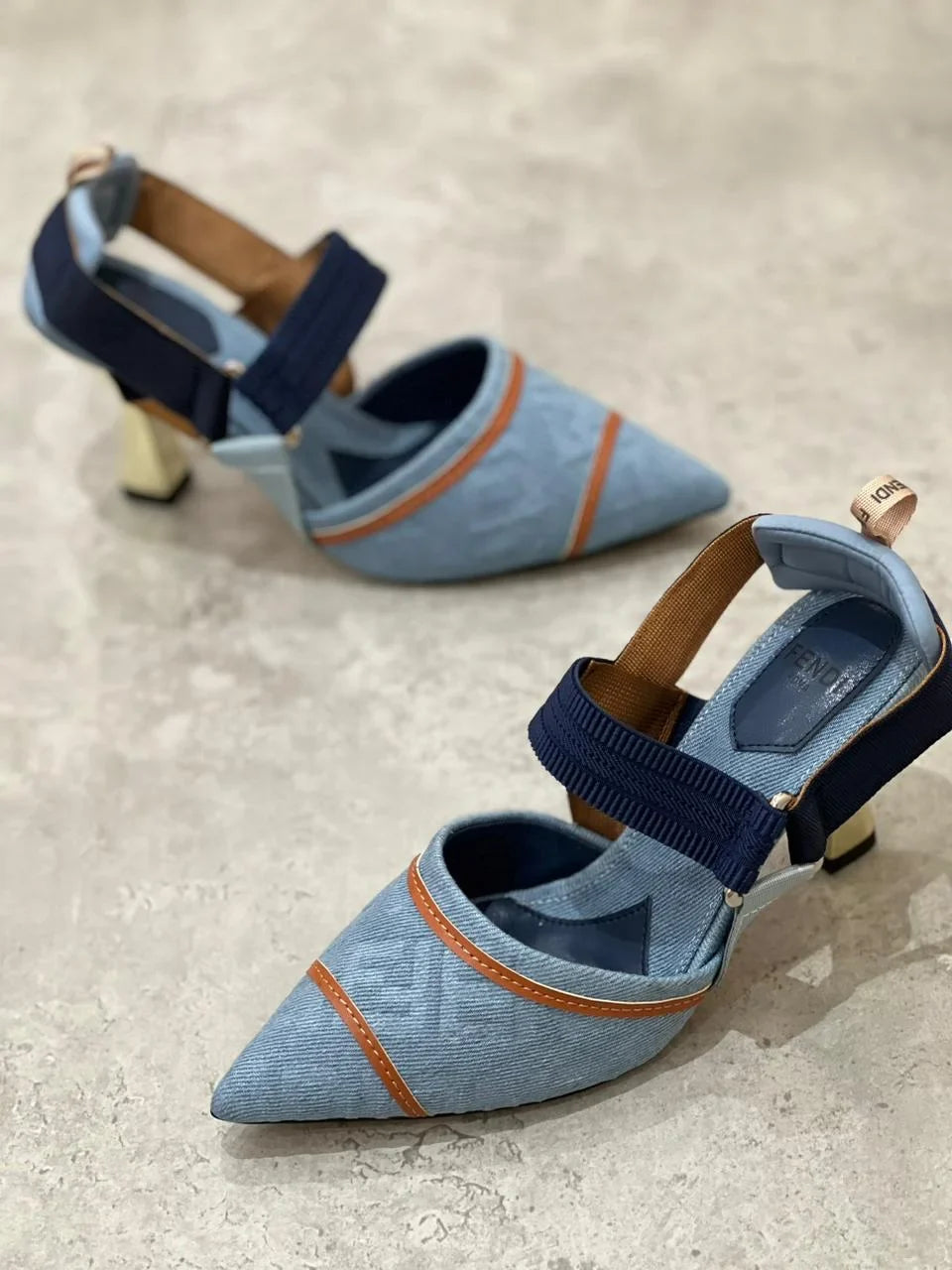 Sexy Pointed Toe Summer Gold Heel Sandals Elegant Denim FF Blue Slingbacks Pump