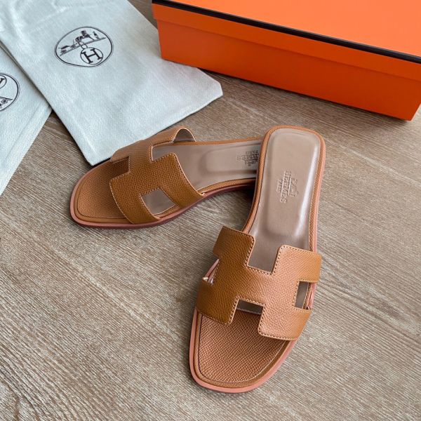 HERM Oran Slide Sandals In Gold Epsom Calfskin