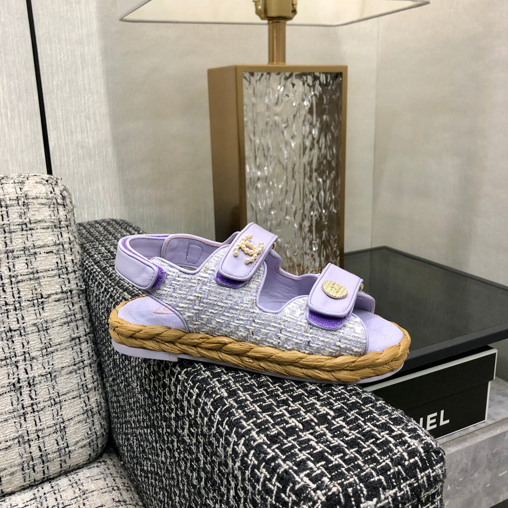 VELCRO SANDALS IN PALE PURPLE LAMBSKIN AND TWEED FABRIC