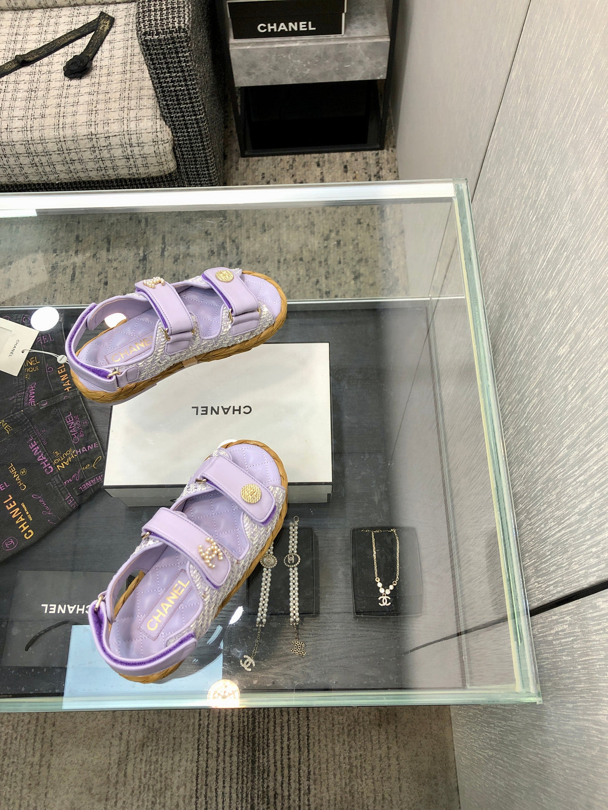 VELCRO SANDALS IN PALE PURPLE LAMBSKIN AND TWEED FABRIC