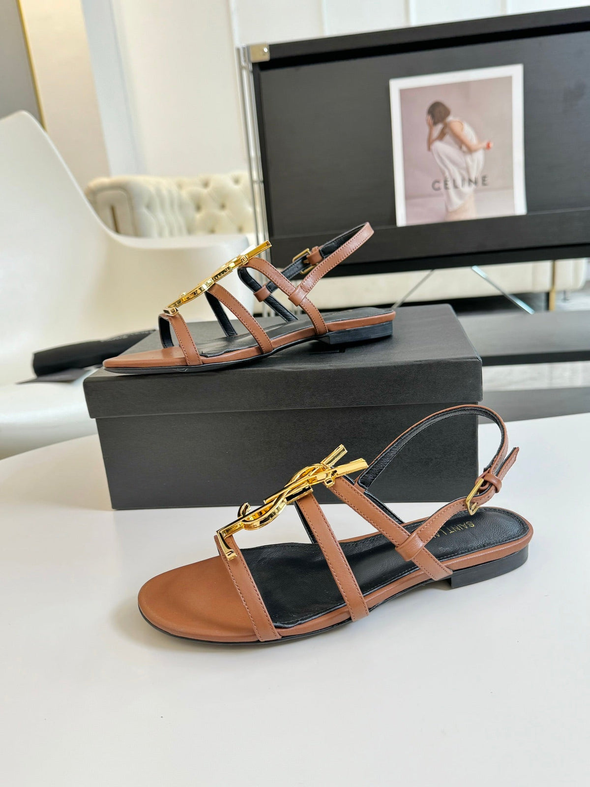 Yves SL Buckle Women Sandals Black Tan Leather
