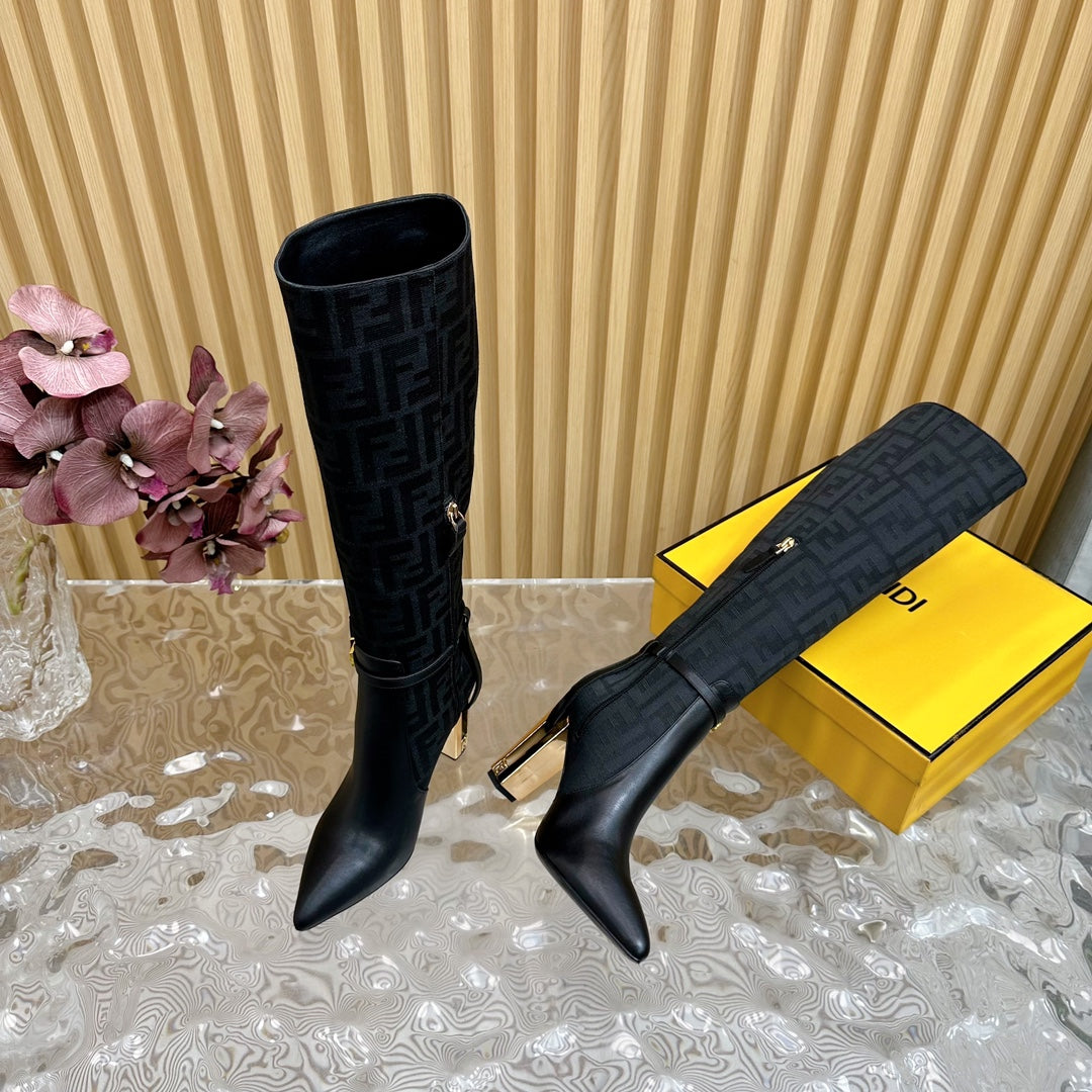 FF BOOTIES HIGH BOOTS IN BLACK CALFSKIN AND MONOGRAM FF FABRIC