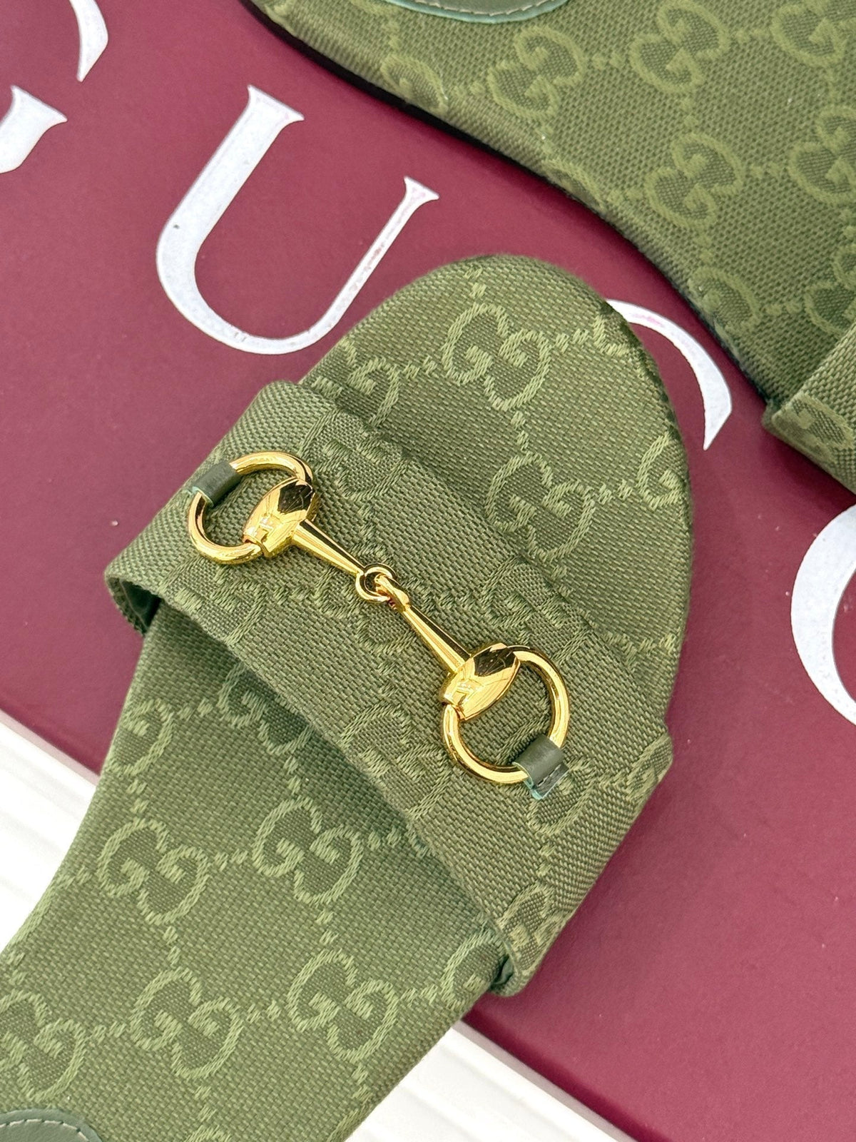 SLIDE SANDALS IN MOSS GREEN FABRIC EMBOSSED LOGO