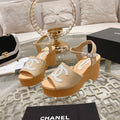 WEDGE SANDALS IN BEIGE CREAM LAMBSKIN WITH WHITE LOGO